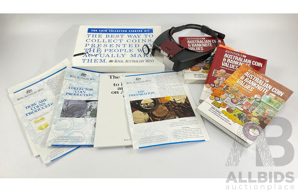 Renniks Australian Coin and Bank Note Values Catalogues, 28th(2) 29th Editions, Magnifier and Light Head Piece and Royal Australian Mint Coin Collector Starter Kit(Coins Lacking)