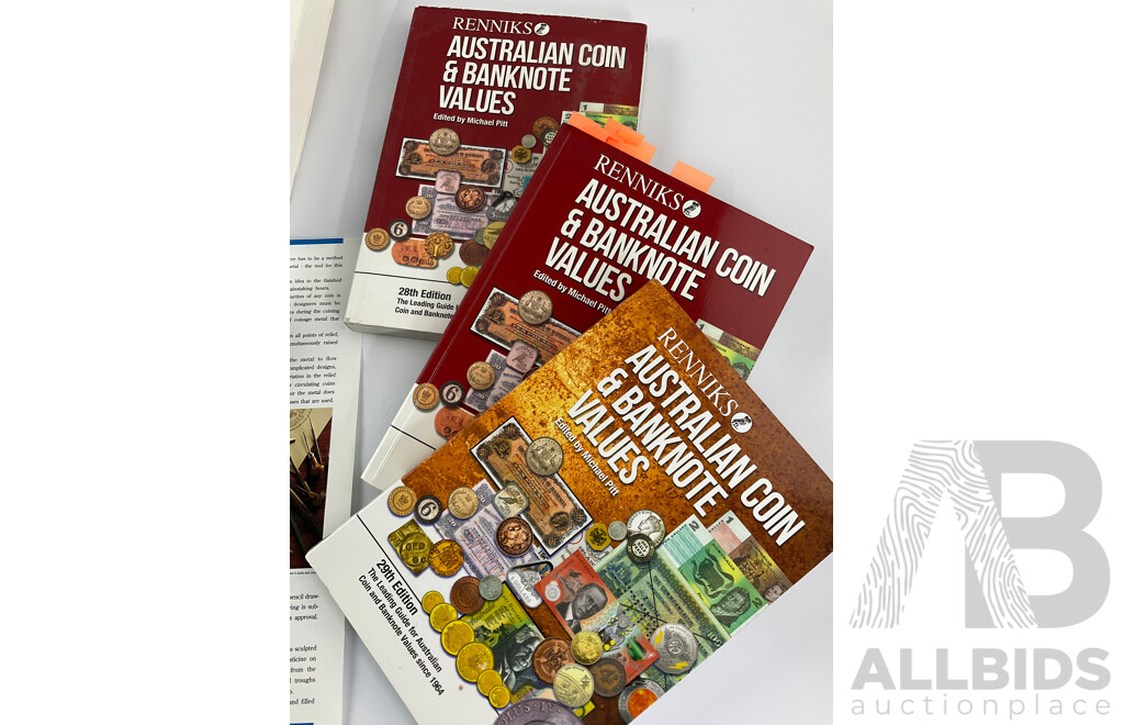 Renniks Australian Coin and Bank Note Values Catalogues, 28th(2) 29th Editions, Magnifier and Light Head Piece and Royal Australian Mint Coin Collector Starter Kit(Coins Lacking)