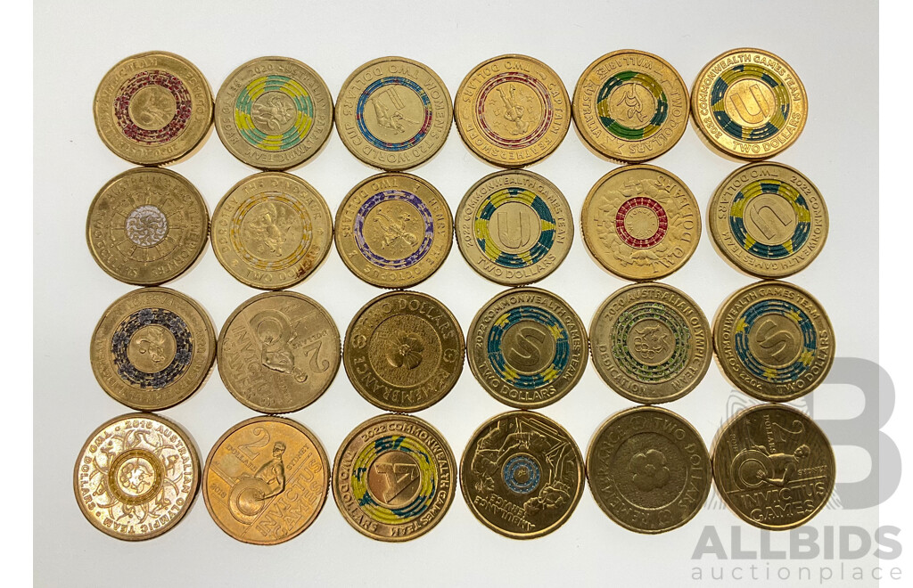 Twenty Four Australian Commemorative Two Dollar Coins Including 2022 Front Line Workers, 2022 A,U,S, 2018 INVICTUS, 2012 Remembrance, 2020 Women's T20, 2020 Paralympics and Olympics, 2021 Dorothy Dinosaur,
