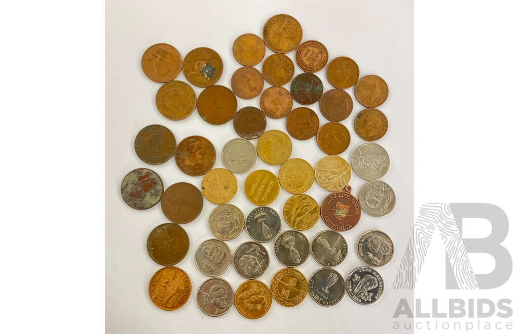 Collection of Australian KGV/KGVI/QE2 Pennies and Half Pennies with Tokens and Medallions, Our Ashes Greats, Various Sun Herald, Surf Life Saving