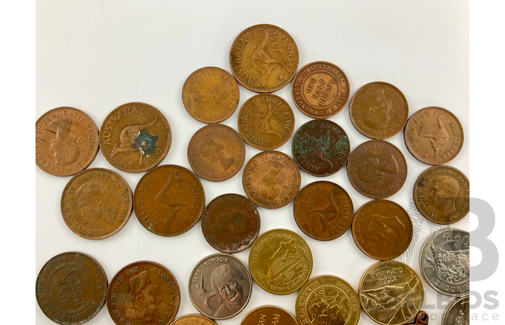 Collection of Australian KGV/KGVI/QE2 Pennies and Half Pennies with Tokens and Medallions, Our Ashes Greats, Various Sun Herald, Surf Life Saving