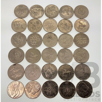 Thirty Australian Commemorative Twenty Cent Coins Including 2016 Fifty Years Decimal Currency, 2011 Year of Volunteers, 2001 Federation, 2011 Women's Day, 2015 Last Post, 2003 Volunteers and More