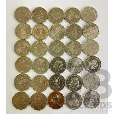 Thirty Australian Commemorative Fifty Cent Coins Including 2001 Federation, 2016 Fifty Years Decimal Currency, 2017 Mabo, 2000 Royal Visit, 2019 Year of Indigenous Language, 1970 Cook and More