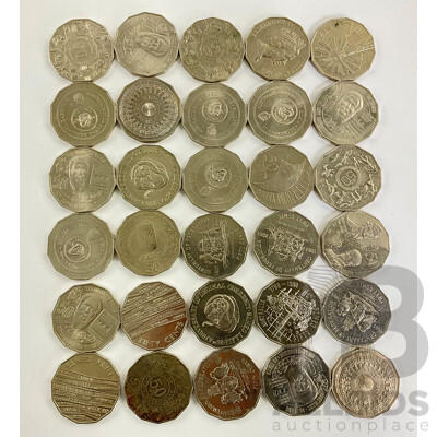 Thirty Australian Commemorative Fifty Cent Coins Including 2001 Federation, 2016 Fifty Years Decimal Currency, 1977 Jubilee, 2003 Volunteers, 2000 Millennium and More