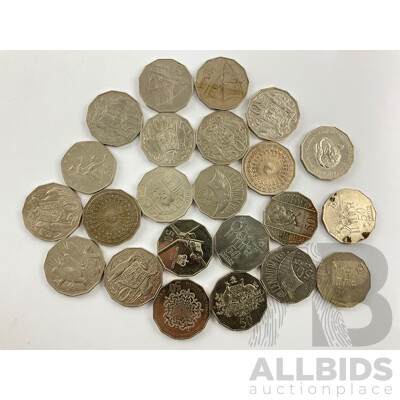 Collection of Fifty Cent Coins Including Australian Commemorative 2013 Coronation, 2000 Millennium, 1995 Dunlop, 2017 Mabo, 1994 Year of the Family, Fiji, UK Fifty Pence