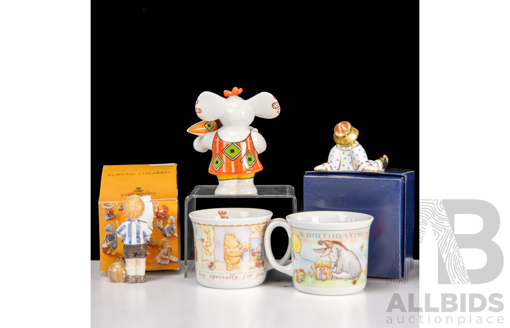 Collection Children's Themed Pieces Comprising Two Royal Doulton Winnie the Pooh Mugs, V & B Elephant, Royal Copenhagen Figure in Box & Royal Crown Derby Figure in Box