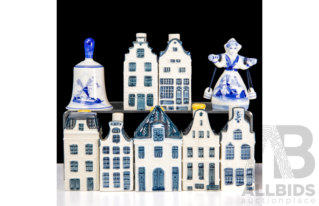 Collection Seven KLM Delft Miniature Cottage Bottles Along with Two Delft Bells