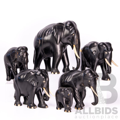 Collection Six Vintage Carved Ebony Elephants with Bone Tusk and Toe Detail