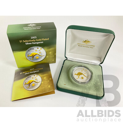 Australian RAM 2005 Selectively Gold Plated Silver One Dollar Coin, Silver Kangaroo .999