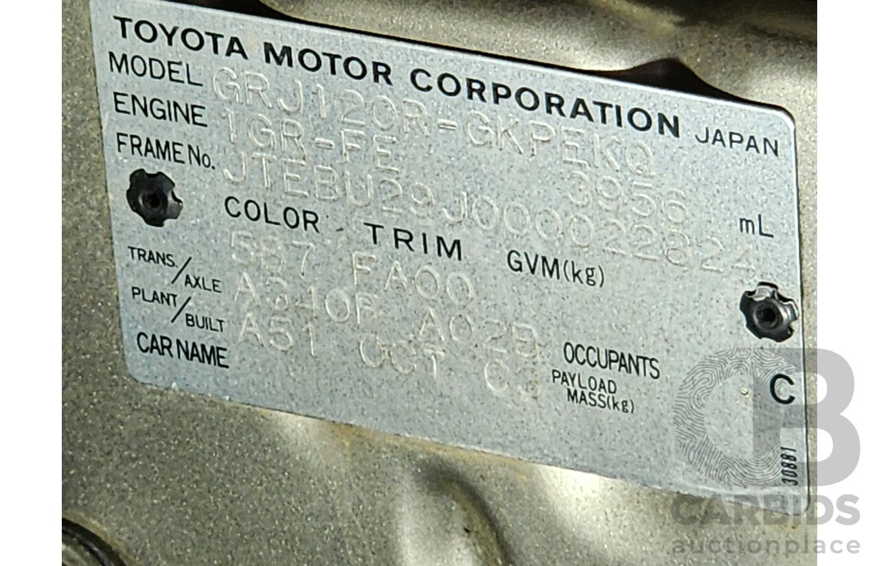 10/2003 Toyota Landcruiser Prado GXL (4x4) GRJ120R 4d Wagon Gold 4.0L