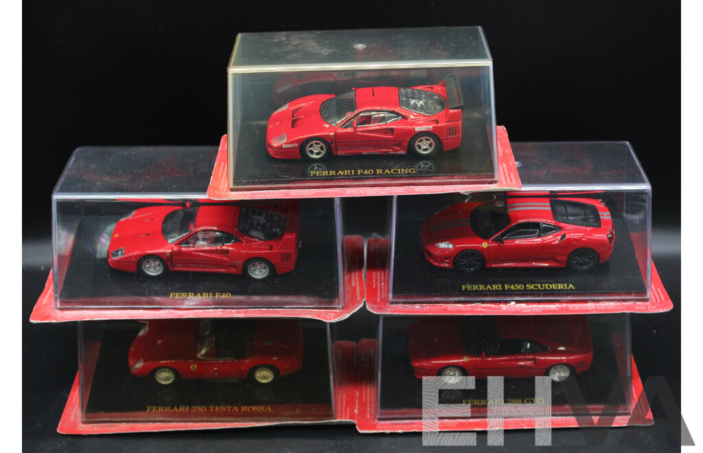 Five Diecast Ferraris Including - F40 Racing, F40, F430 Scuderia, 250 Testa Rossa, 288 GTO - 1:43 Scale