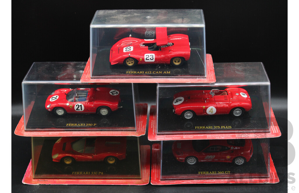 Five Diecast Ferraris Including - 612 CAN AM, 250 P, 375 PLUS, 330 P4, 360 GT - 1:43 Scale