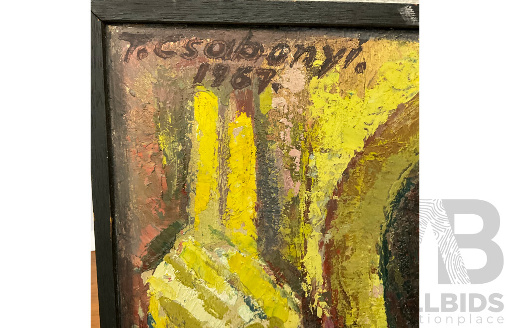 Three T. Csabonyi Art Work - Oil on Board Saint with Halo, Framed Landscape Gouche on Board and Framed the Fishing Boat Ink on Paper