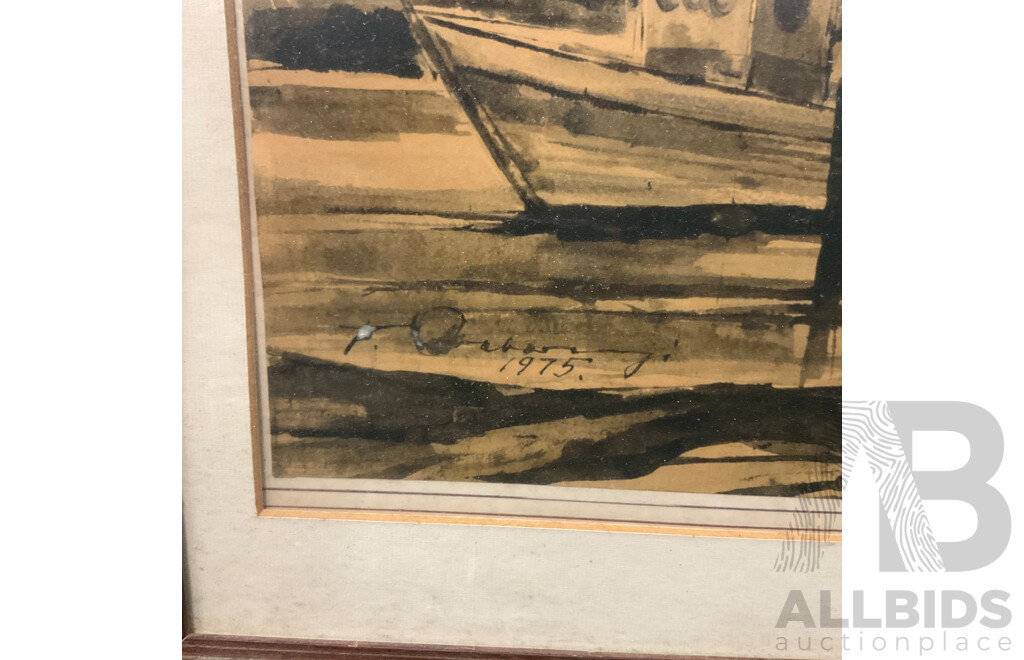 Three T. Csabonyi Art Work - Oil on Board Saint with Halo, Framed Landscape Gouche on Board and Framed the Fishing Boat Ink on Paper