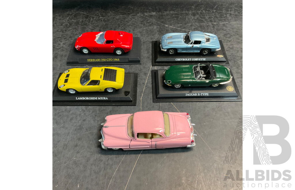Five Collection of 1:43 Diecast Model Car - Ferrari 250 , Lamborghni Miura, Jaguar E-type, Chevrolet Corvette , 1953 Cadillac