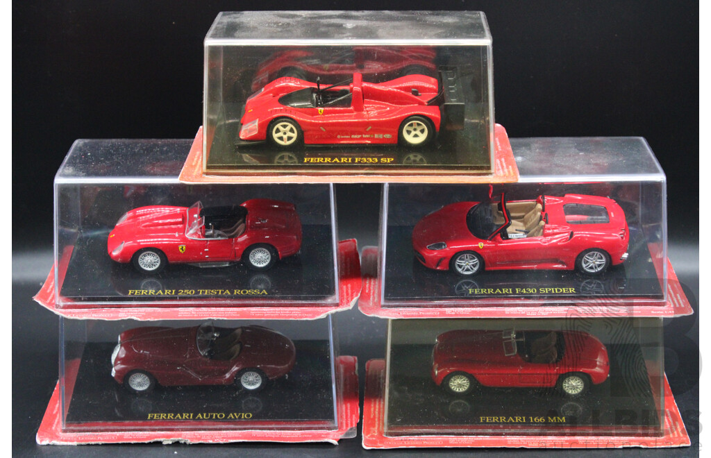 Five Diecast Ferraris Including F333 SP,  250 Testa Rossa, F430 Spider, Auto Avio, 166MM - 1:43 Scale