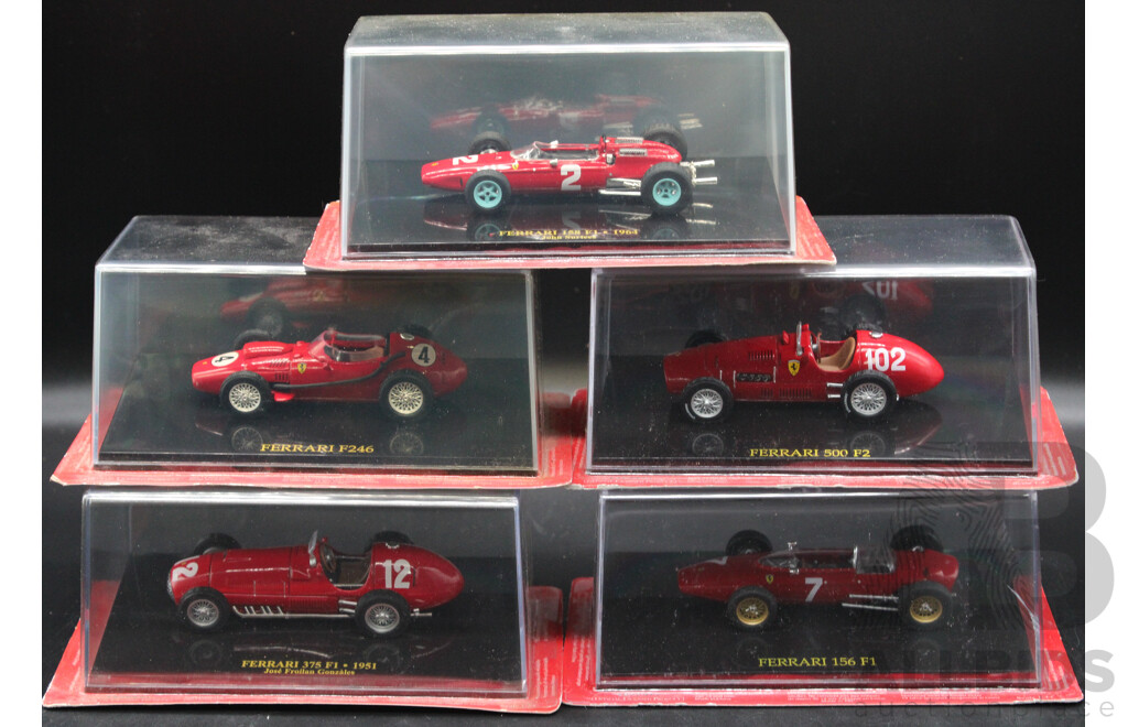 Five Diecast Ferraris Including 156 F1, F246, 500 F2, 158 F1 -1964 , 375 F1 - 1951  - 1:43 Scale