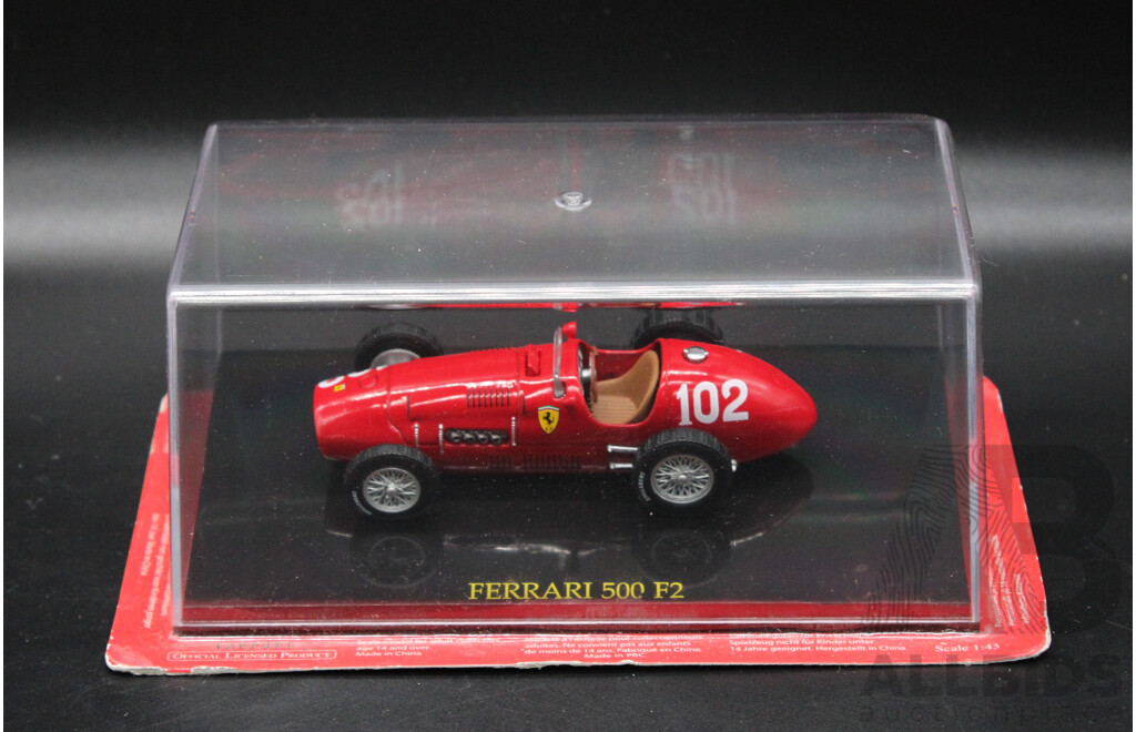 Five Diecast Ferraris Including 156 F1, F246, 500 F2, 158 F1 -1964 , 375 F1 - 1951  - 1:43 Scale
