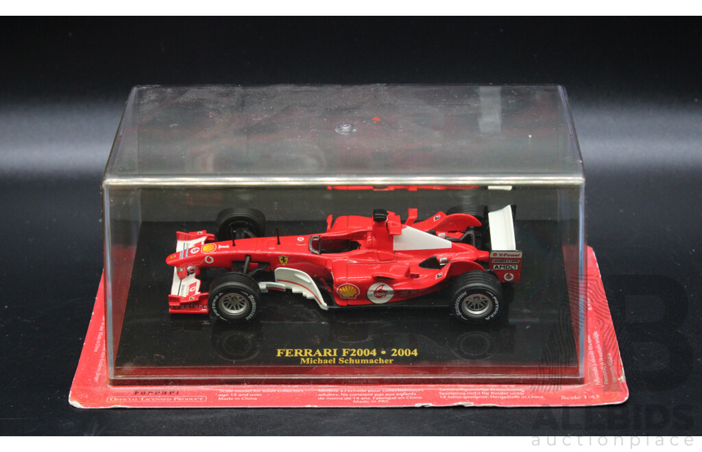 Five Diecast Ferraris Including - F2007 Kimi Raikkonen, F2004 Michael Schumacher,  F2001, F2003-GA, F2002 1:43 Scale