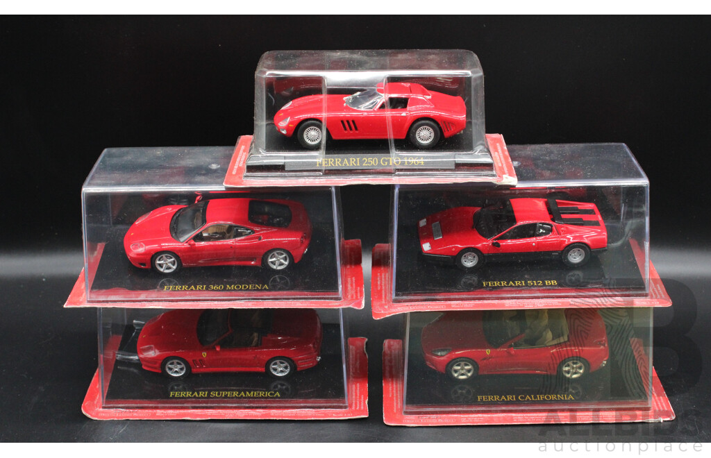 Five Diecast Ferraris Including - 250 GTO 1964, 360 Modena, 512BB, Super America, California - 1:43 Scale