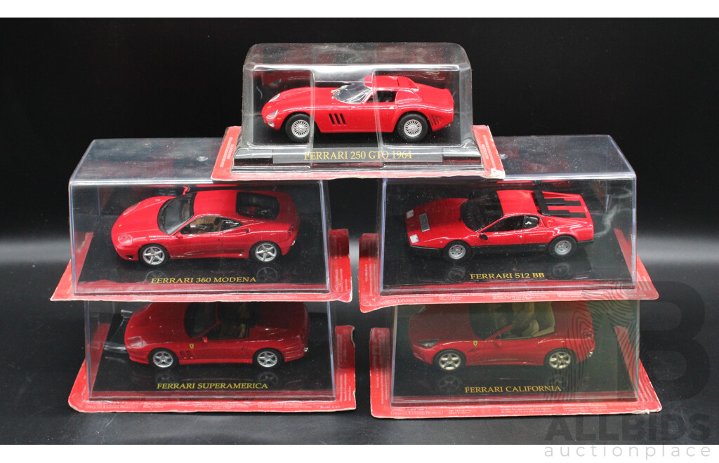 Five Diecast Ferraris Including - 250 GTO 1964, 360 Modena, 512BB, Super America, California - 1:43 Scale