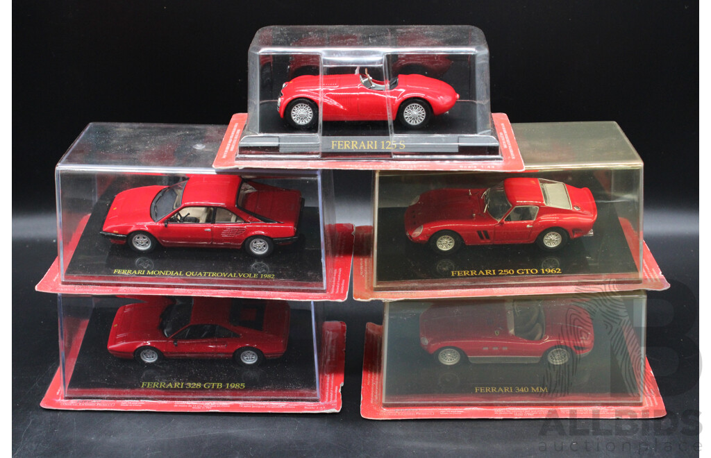 Five Diecast Ferraris Including - 340MM, 250 GTO 1962,  125S, Mondial Quaattrovalvole 1982, 328 GTB 1985 - 1:43 Scale
