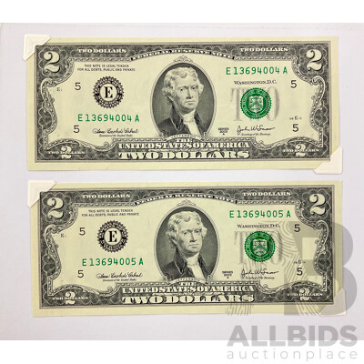 Two USA 2003 Two Dollar Notes, Consecutive E13694004A - E13694005A