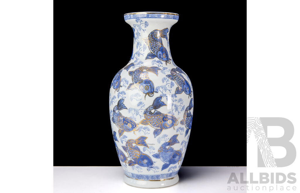 Hand Painted Chinese Porcelain Baluster Vase with Carp Motif and Gilt Highlights