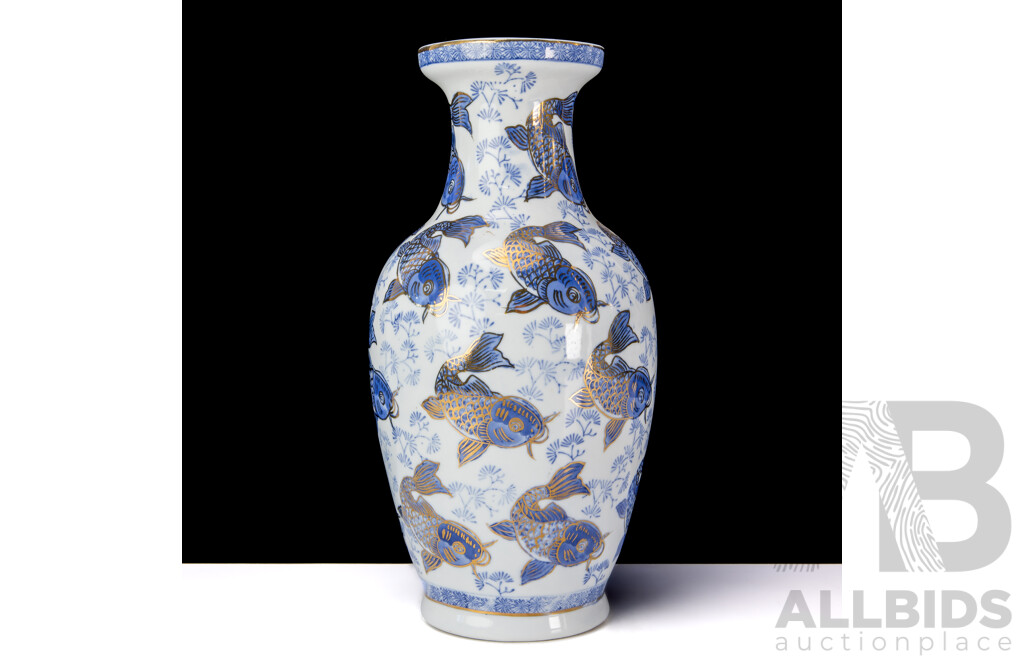 Hand Painted Chinese Porcelain Baluster Vase with Carp Motif and Gilt Highlights