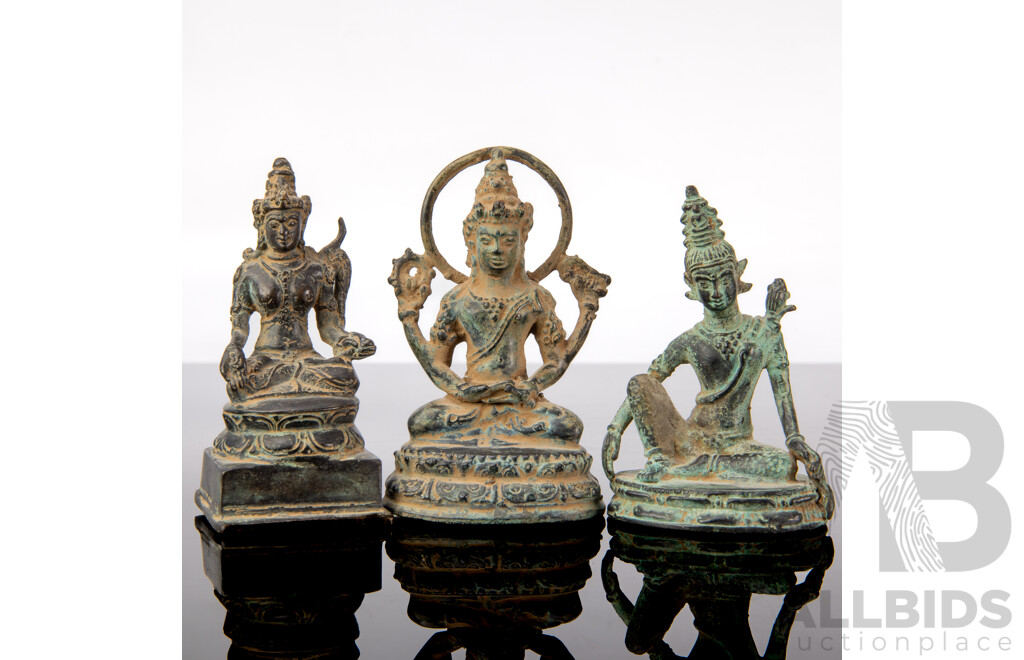 Collection Three Vintage South East Asian or Indian Bronze Deities 