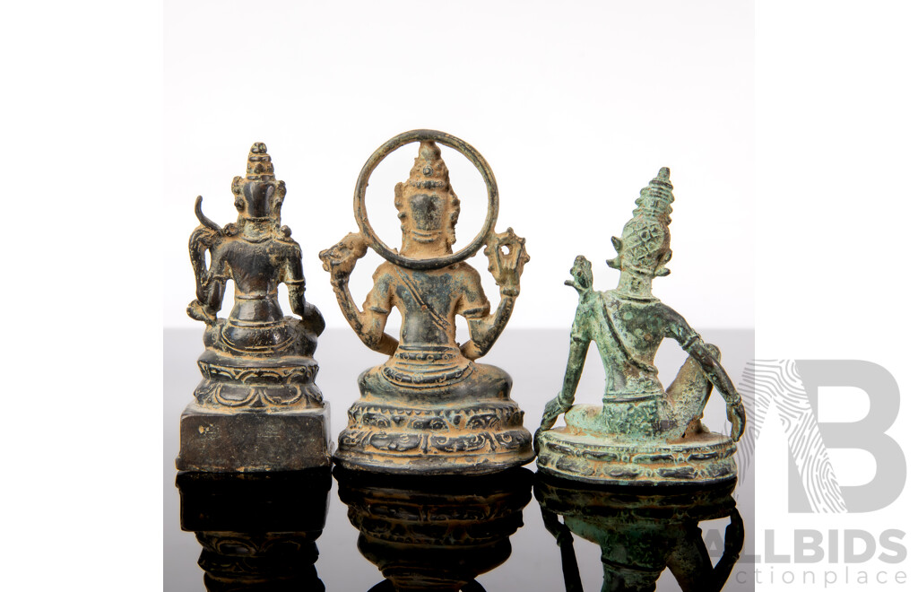 Collection Three Vintage South East Asian or Indian Bronze Deities 