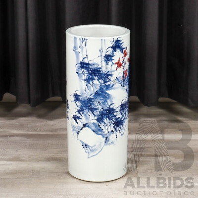 Hand Painted Chinese Porcelain Umbrella Stand with Bamboo & Cherry Blossom Motif, Contemporary