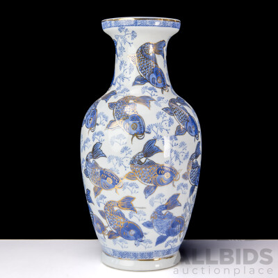 Hand Painted Chinese Porcelain Baluster Vase with Carp Motif and Gilt Highlights