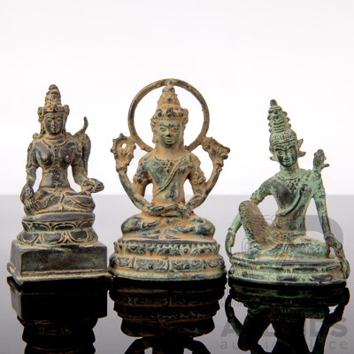 Collection Three Vintage South East Asian or Indian Bronze Deities 