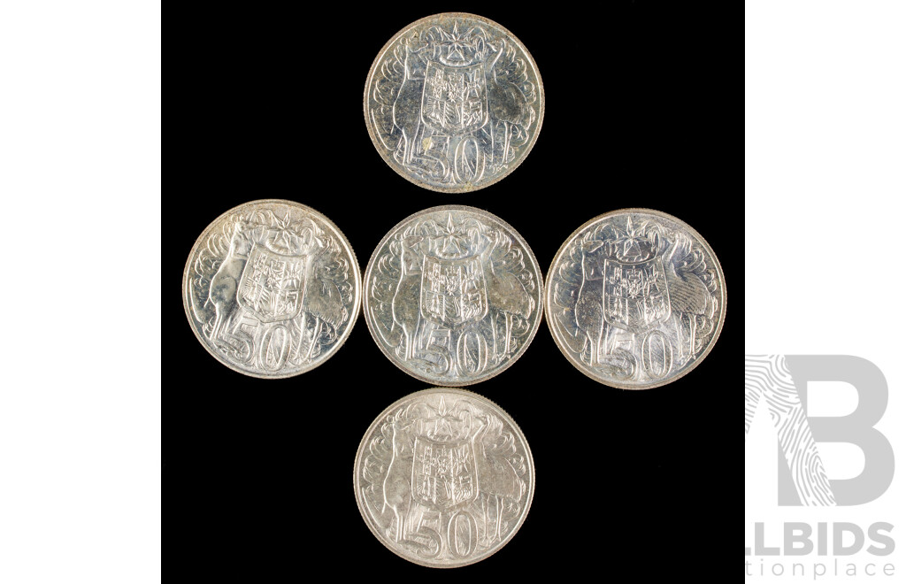 Five Australian 1966 Round Silver Fifty Cent Coins .800