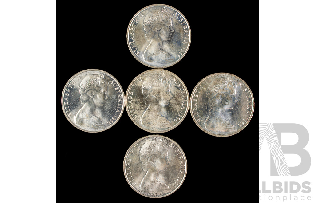 Five Australian 1966 Round Silver Fifty Cent Coins .800