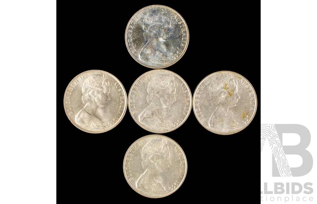 Five Australian 1966 Round Silver Fifty Cent Coins .800