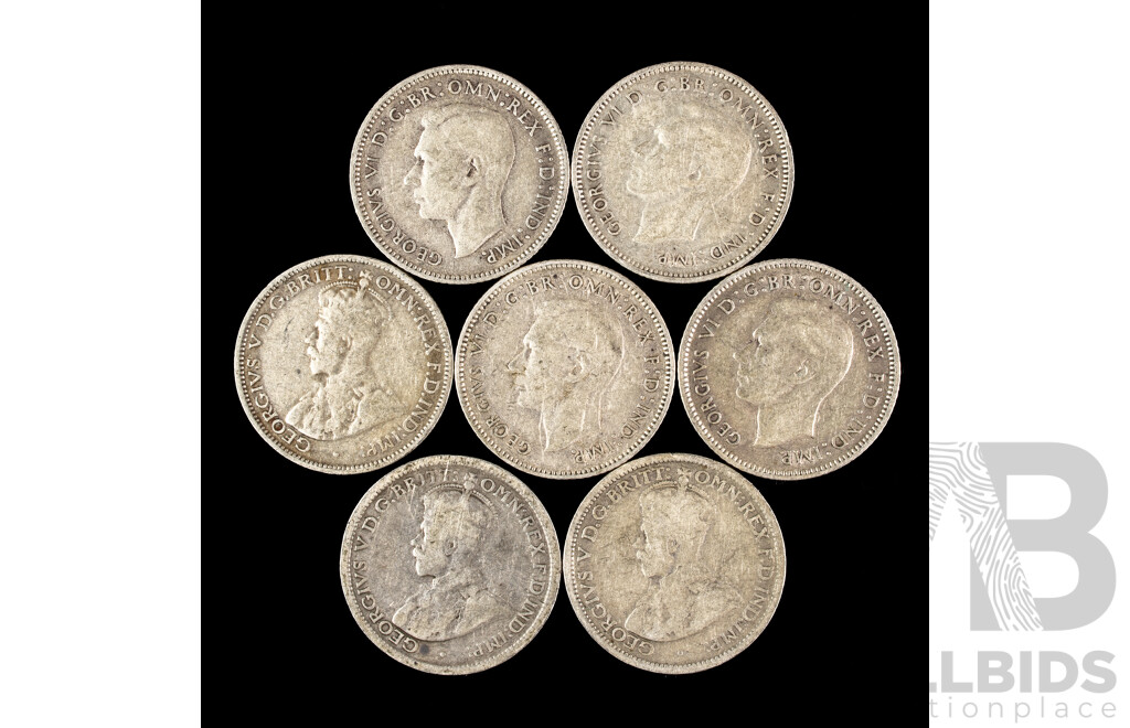 Seven Australian Silver Sixpence Including 1918M, 1934, 1936, 1943D(2) 1941, 1942D .925