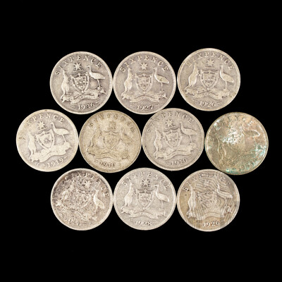 Ten Australian Silver Sixpence Including 1910(2) 1919, 1926(3) 1927, 1928, 1936, 1963