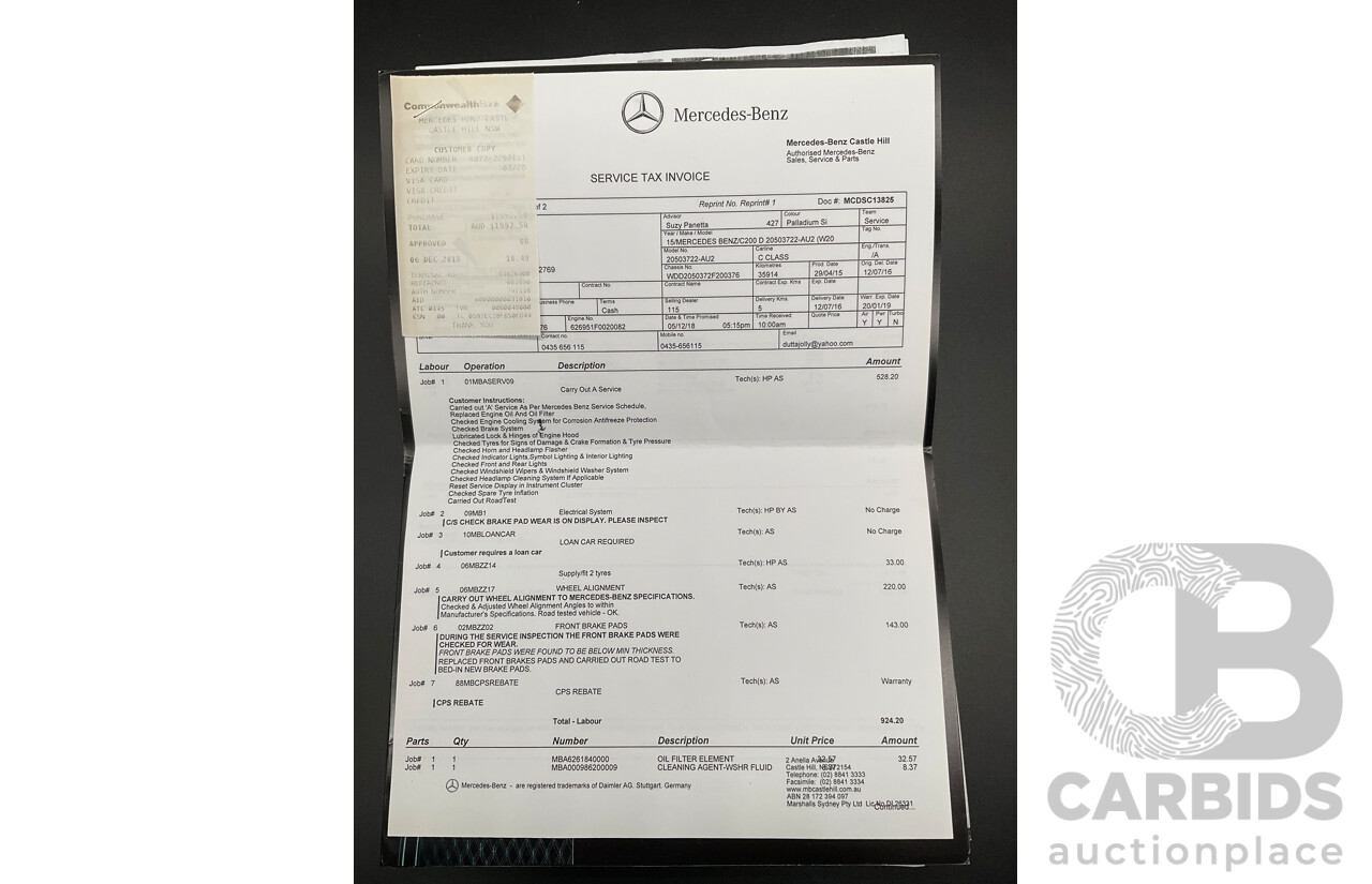 7/2015 Mercedes-Benz C200 Bluetec 205 4d Sedan Palladium Silver Turbo Diesel 1.6L