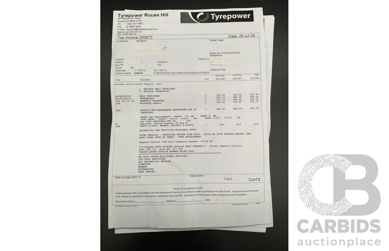 7/2015 Mercedes-Benz C200 Bluetec 205 4d Sedan Palladium Silver Turbo Diesel 1.6L