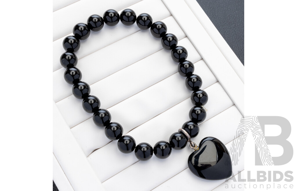 Bevilles 8mm Onyx Beaded Bracelet with Onyx Heart Charm, as New in Original Presentation Box