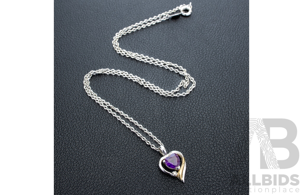 9ct Two Tone Gold Amethyst & Diamond Set Heart Pendant, TDW 0.01ct, 18mm,  1.11 Grams