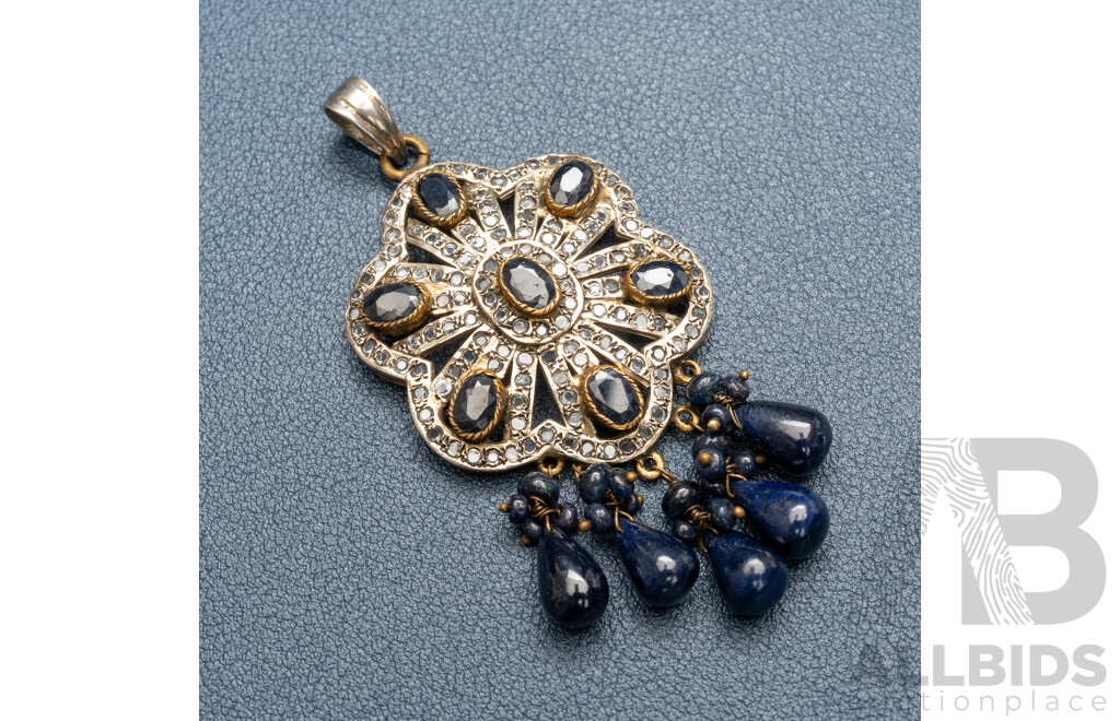 Vintage Sterling Silver Natural Sapphire & White Topaz Ornate Pendant, 70mm, 15.88 Grams