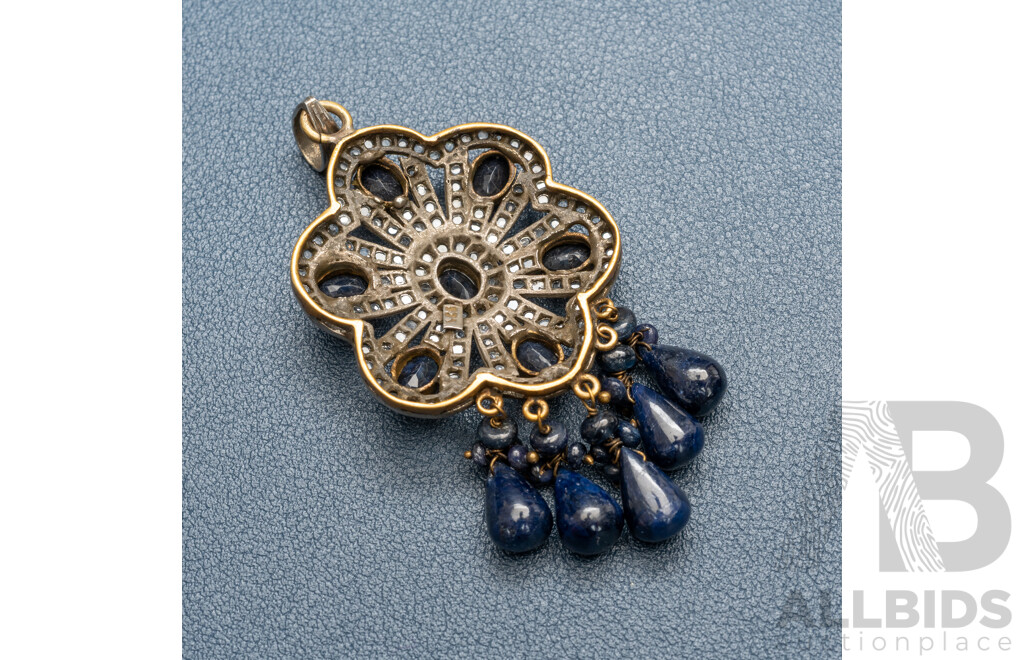 Vintage Sterling Silver Natural Sapphire & White Topaz Ornate Pendant, 70mm, 15.88 Grams