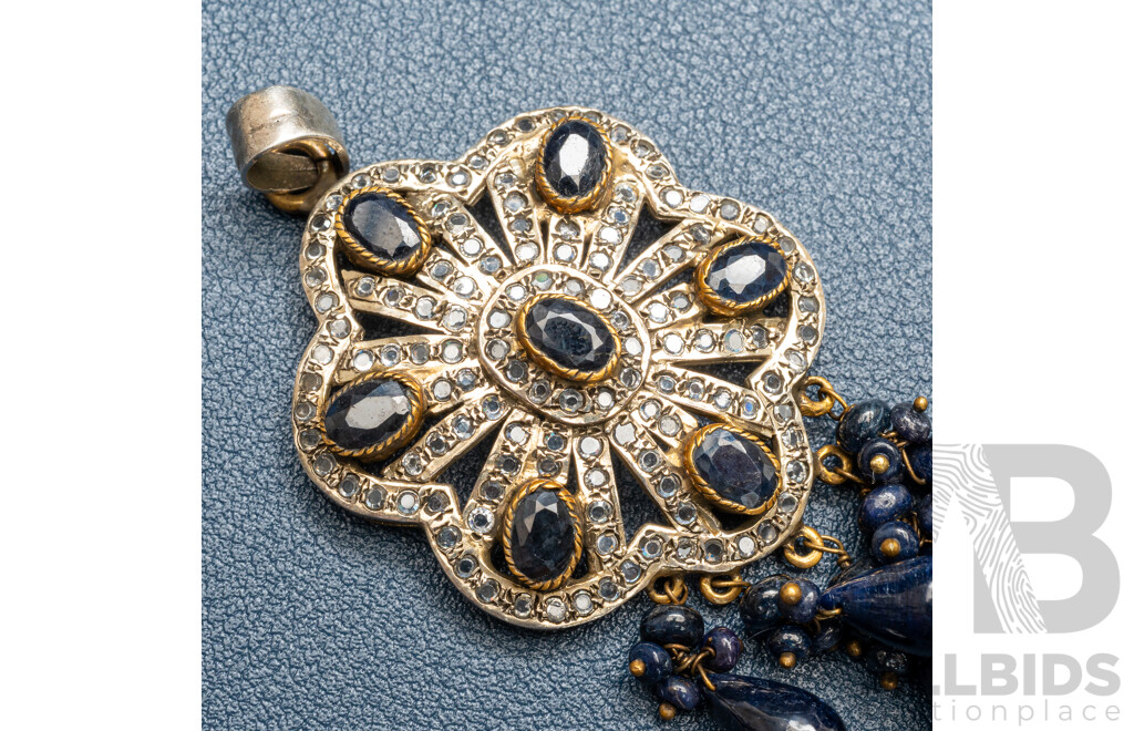 Vintage Sterling Silver Natural Sapphire & White Topaz Ornate Pendant, 70mm, 15.88 Grams