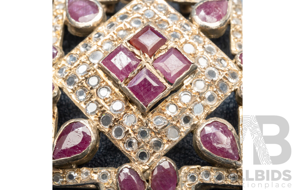 Vintage Sterling Silver Natural Ruby & White Topaz Ornate Pendant, 70mm, 15.53 Grams