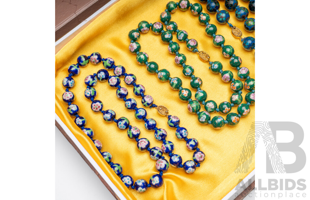 Collection of (3) Vintage Hand Painted Cloissonné Necklaces with Floral Patterning