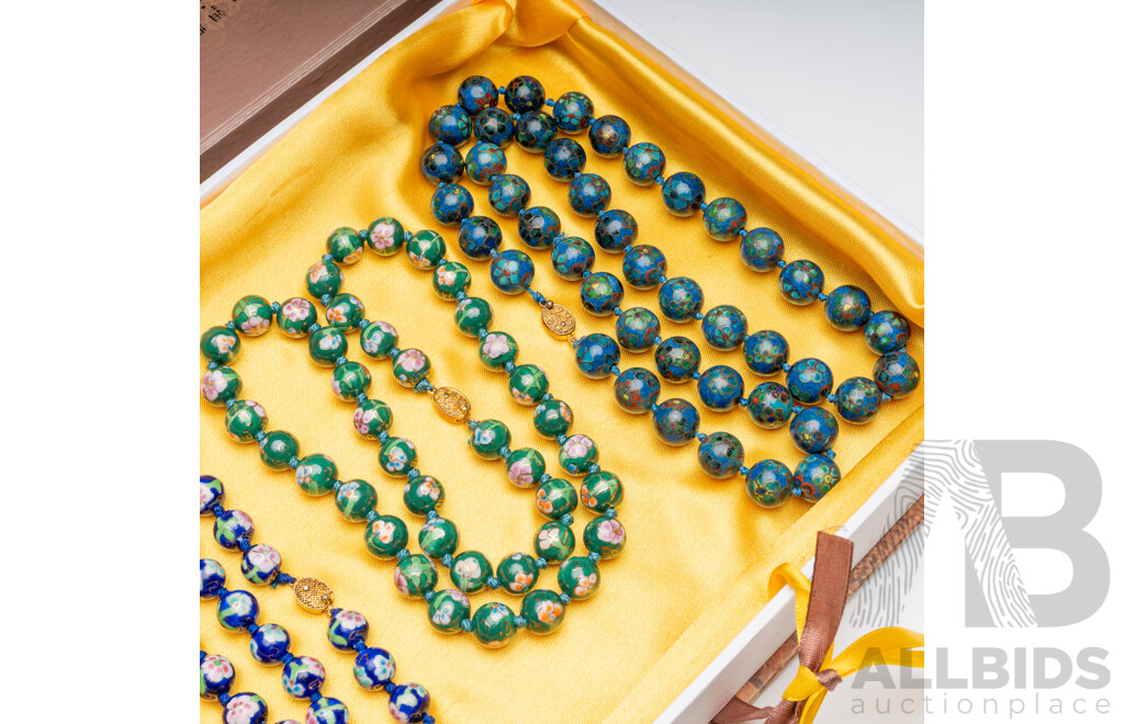 Collection of (3) Vintage Hand Painted Cloissonné Necklaces with Floral Patterning