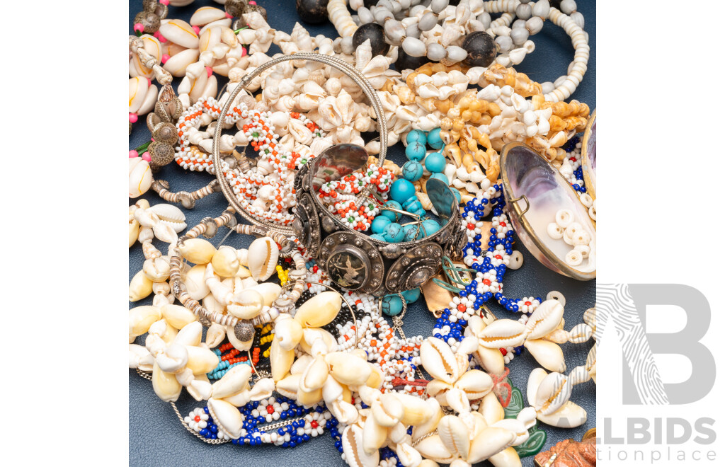 Collection of Vintage Jewellery Incl. Goldstone Happy Buddha, Ornate Siam Cuff, Shell Necklaces & Matador Bull Story Bracelet